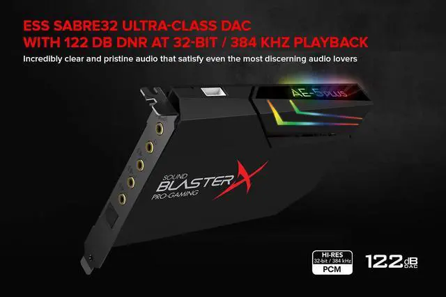 Alt view image 5 of 5 - Creative Sound BlasterX AE-5 Plus SABRE32-class Hi-res 32-bit/384 kHz PCIe Gaming Sound Card and DAC with Dolby Digital and DTS, Xamp Discrete Headphone Bi-amp, Up to 122dB SNR, RGB Lighting System