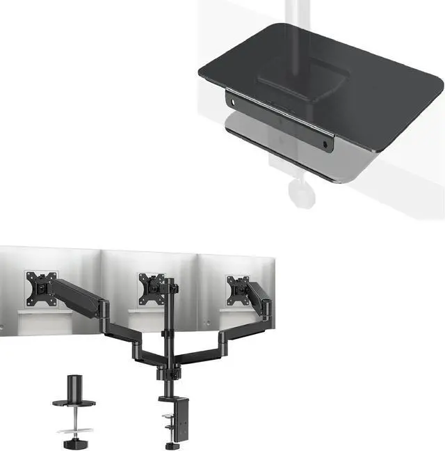 Main image of MOUNTUP Triple Monitor Stand Mount for Glass Desk, with Desk Reinforcement Plate - 3 Monitor Desk Mount for Computer Screens Up to 27 inch, Triple Monitor Arm with Gas Spring, Heavy Duty Monitor Stand
