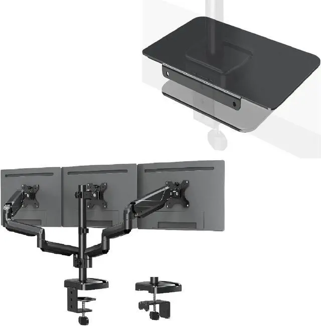 Main image of MOUNTUP Triple Monitor Stand Mount for Glass Desk, with Desk Reinforcement Plate - 3 Monitor Desk Mount for Computer Screens Up to 27 inch, Triple Monitor Arm with Gas Spring, Heavy Duty Monitor Stand