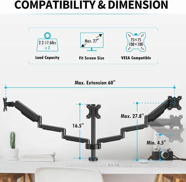Alt view image 2 of 5 - MOUNTUP Triple Monitor Stand - 3 Monitor Desk Mount for Computer Screens Up to 27 inch, 2560 x 1440 Resolution, Black, LCD, Monitor Stand