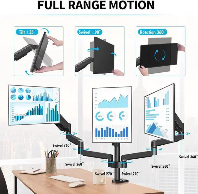 Alt view image 3 of 5 - MOUNTUP Triple Monitor Stand - 3 Monitor Desk Mount for Computer Screens Up to 27 inch, 2560 x 1440 Resolution, Black, LCD, Monitor Stand