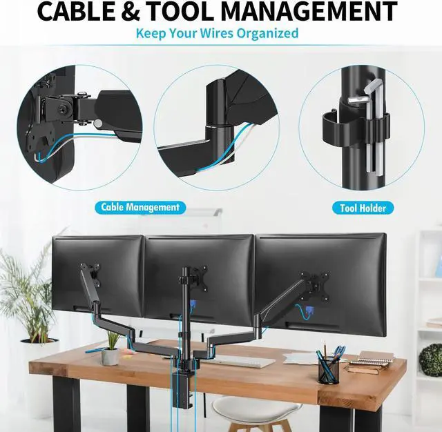 Alt view image 5 of 5 - MOUNTUP Triple Monitor Stand - 3 Monitor Desk Mount for Computer Screens Up to 27 inch, 2560 x 1440 Resolution, Black, LCD, Monitor Stand