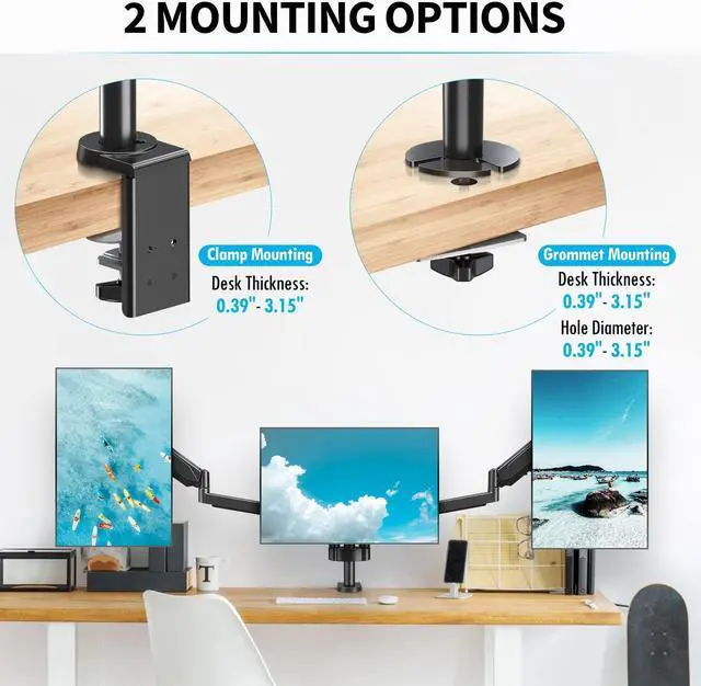 Alt view image 4 of 5 - MOUNTUP Triple Monitor Stand - 3 Monitor Desk Mount for Computer Screens Up to 27 inch, 2560 x 1440 Resolution, Black, LCD, Monitor Stand