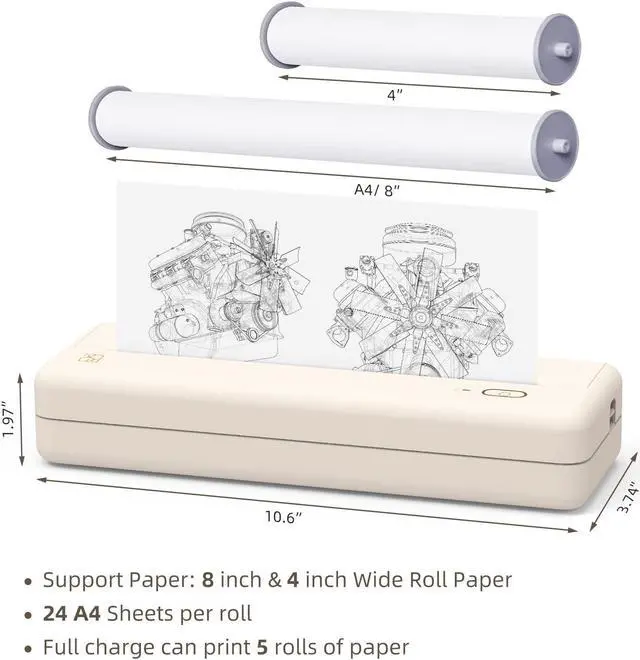 Alt view image 3 of 5 - HPRT Bluetooth Wireless MT810 Beige Portable Travel Printer - Thermal Inkless Compact Home Use - US Letter 8.5''x11'' - 1 Ream