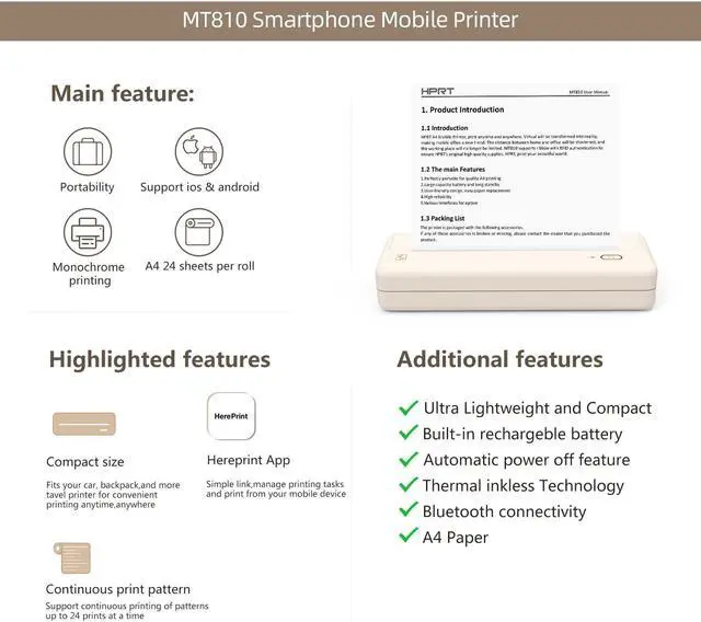 Alt view image 5 of 5 - HPRT Bluetooth Wireless MT810 Beige Portable Travel Printer - Thermal Inkless Compact Home Use - US Letter 8.5''x11'' - 1 Ream