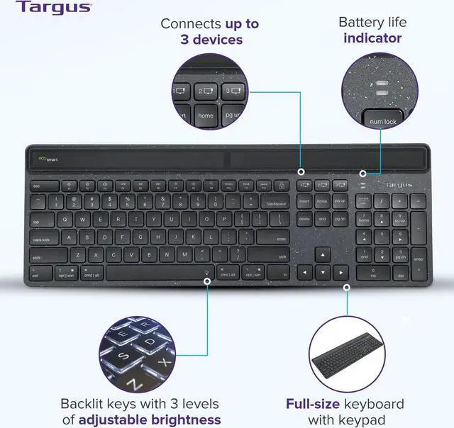 Alt view image 3 of 5 - Targus Sustainable Energy Harvesting EcoSmart Keyboard (AKB868US)