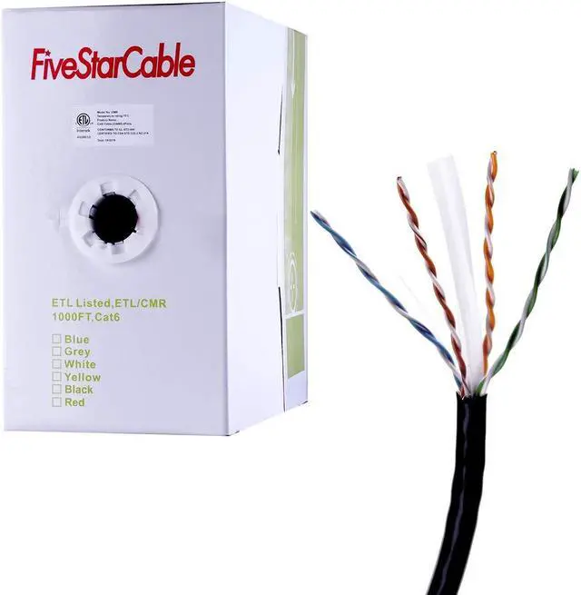 Main image of FiveStarCable Cat6 CMR 1000 Ft 23AWG Riser Rated Solid Bare Copper Cable 4 Twisted Pair UTP Bulk Ethernet Router Network POE Security Camera Cable LAN Cable PVC Black
