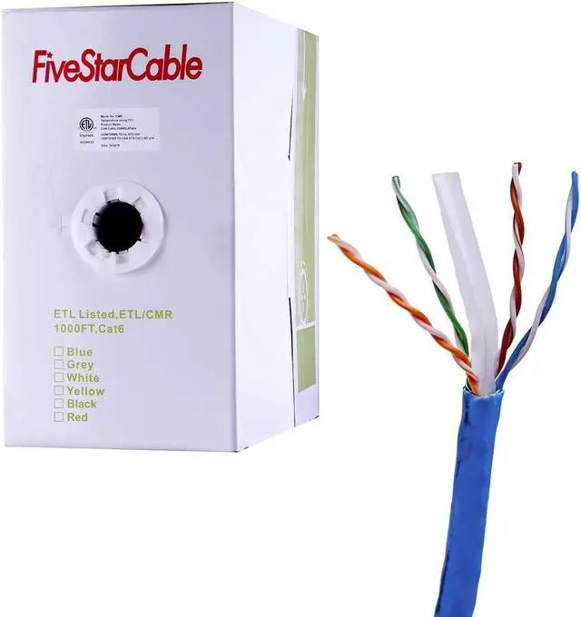 Main image of FiveStarCable Cat6 CMR 1000 Ft 23AWG Riser Rated Solid Bare Copper Cable 4 Twisted Pair UTP Bulk Ethernet Router Network POE Security Camera Cable LAN Cable PVC Blue