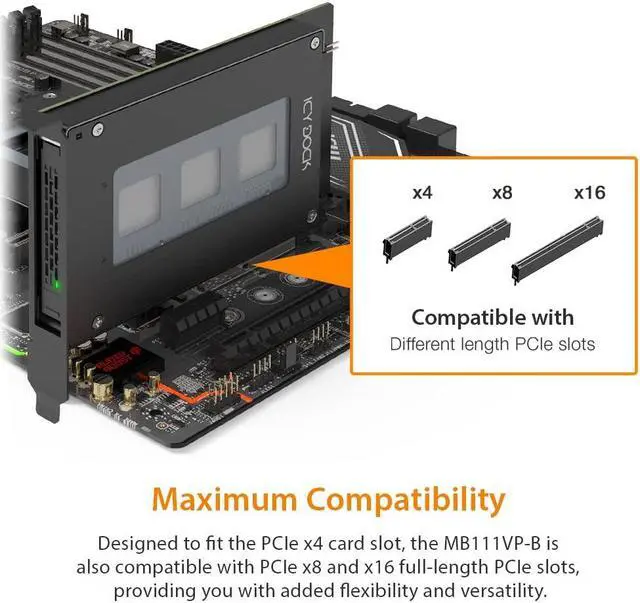 Alt view image 3 of 5 - ICY DOCK U.2 / U.3 NVMe PCIe 4.0 Removable SSD (7mm) Mobile Rack Adapter Card Enclosure for PCIe Expansion Slot | ExpressSlot MB111VP-B