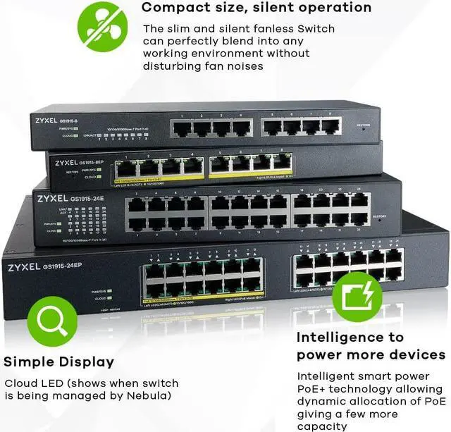 Alt view image 5 of 5 - Zyxel 24-Port GbE Ethernet Switch | Smart-Hybrid Mode | Optional Nebula Cloud | Rackmount | Fanless [GS1915-24E]