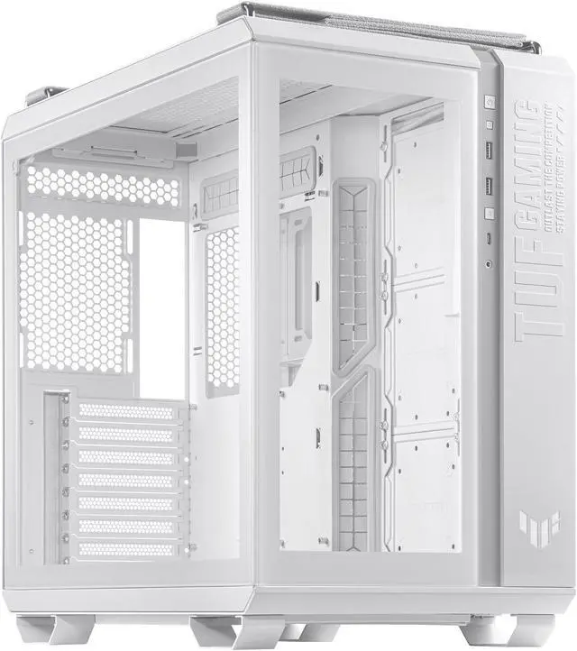 Main image of ASUS TUF Gaming GT502 White ATX Mid-Tower Computer Case,Front Panel RGB Button,USB 3.2 Type-C,2x USB 3.0 Ports,Tool-free Side Panel,ARGB Hub, 360mm and 280mm Radiator compatible, Fabric Handle on top.