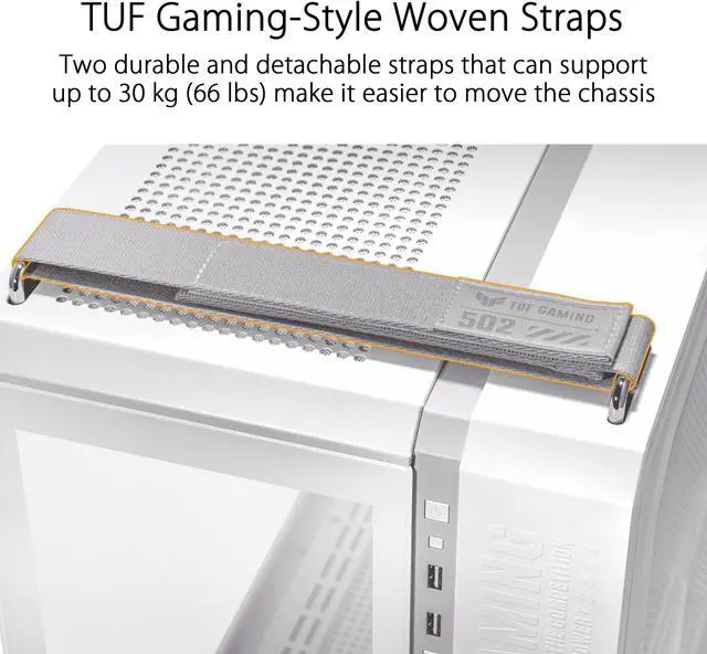 Alt view image 4 of 5 - ASUS TUF Gaming GT502 White ATX Mid-Tower Computer Case,Front Panel RGB Button,USB 3.2 Type-C,2x USB 3.0 Ports,Tool-free Side Panel,ARGB Hub, 360mm and 280mm Radiator compatible, Fabric Handle on top.