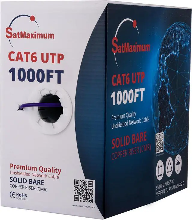 Main image of Cables Direct Online Purple Cat6 Cable 1000ft Solid Bare 23AWG Copper Wire Riser CMR Bulk Ethernet Cable  550MHz PoE++ (4PPoE) UTP