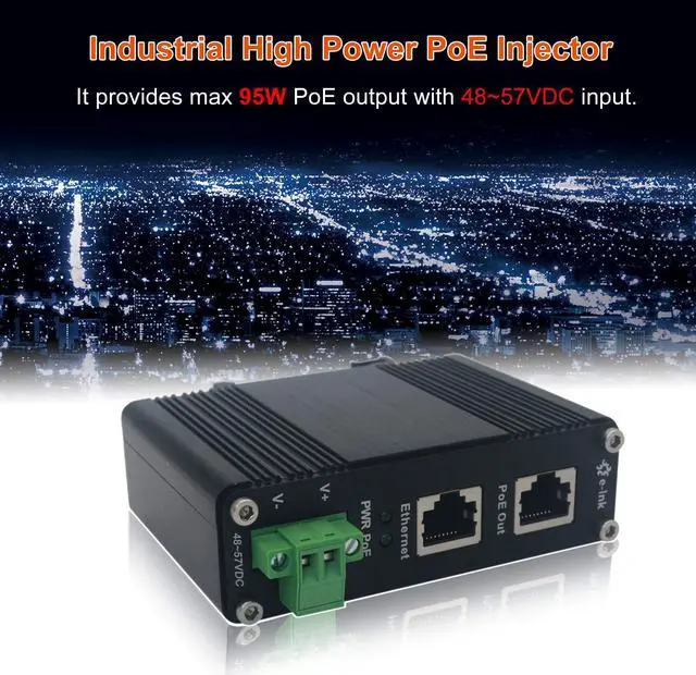 Alt view image 5 of 5 - E-link Industrial Gigabit PoE++ Injector 48V DC PoE++ 95W up to 100 Meters Output DIN Rail Mount Hardened High Power PoE Adapter -40°C to 80°C IP40