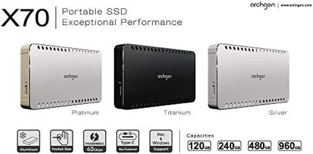 Alt view image 3 of 5 - Archgon 480GB Thunderbolt 3 Certified Aluminum External NVMe SSD Portable PCIe Solid State Drive with Heatsink Inside Max. Speed up to Read 1600MB/s Write 1100MB/s Model X70 (480GB, Black)
