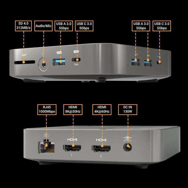 Alt view image 2 of 5 - AUIMCE Dual 4K USB C Docking Station Dual Monitor 2 HDMI with 130W Power Supply, Single 8K@30Hz or Dual 4K@60Hz for Dell, HP, Thinkpad, Thunderbolt MacBook Laptop