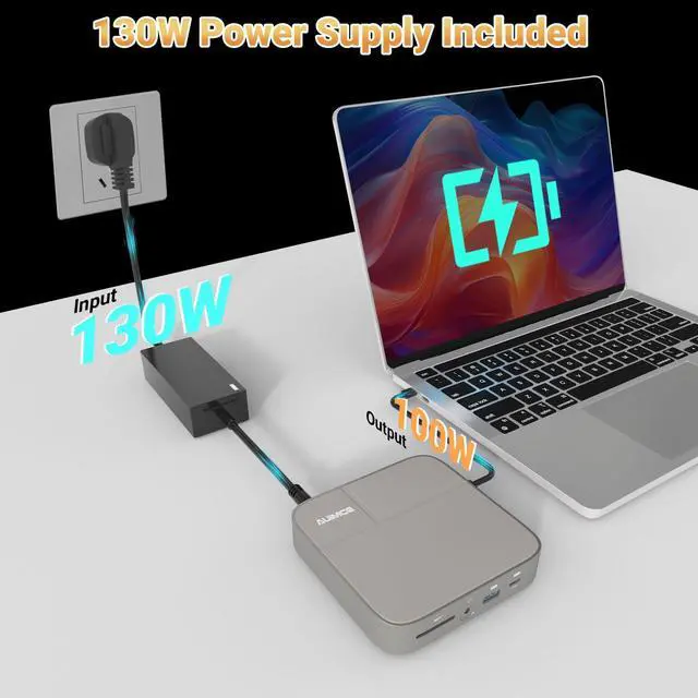 Alt view image 5 of 5 - AUIMCE Dual 4K USB C Docking Station Dual Monitor 2 HDMI with 130W Power Supply, Single 8K@30Hz or Dual 4K@60Hz for Dell, HP, Thinkpad, Thunderbolt MacBook Laptop