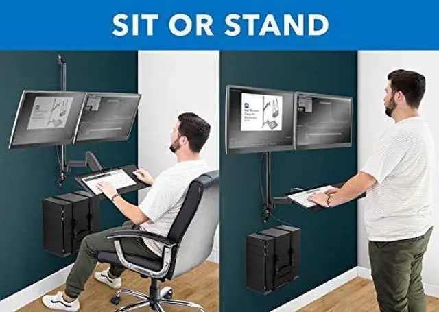 Alt view image 3 of 5 - Mount-It! Wall Mount Workstation with Dual Monitor Mount, Keyboard Tray and CPU Holder, Height Adjustable Full Motion Arms, Fits Two 32 Inch Computer Screens