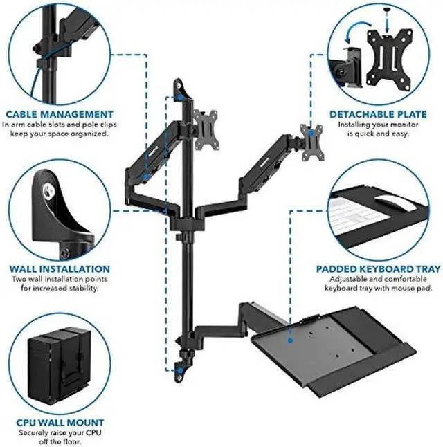 Alt view image 4 of 5 - Mount-It! Wall Mount Workstation with Dual Monitor Mount, Keyboard Tray and CPU Holder, Height Adjustable Full Motion Arms, Fits Two 32 Inch Computer Screens