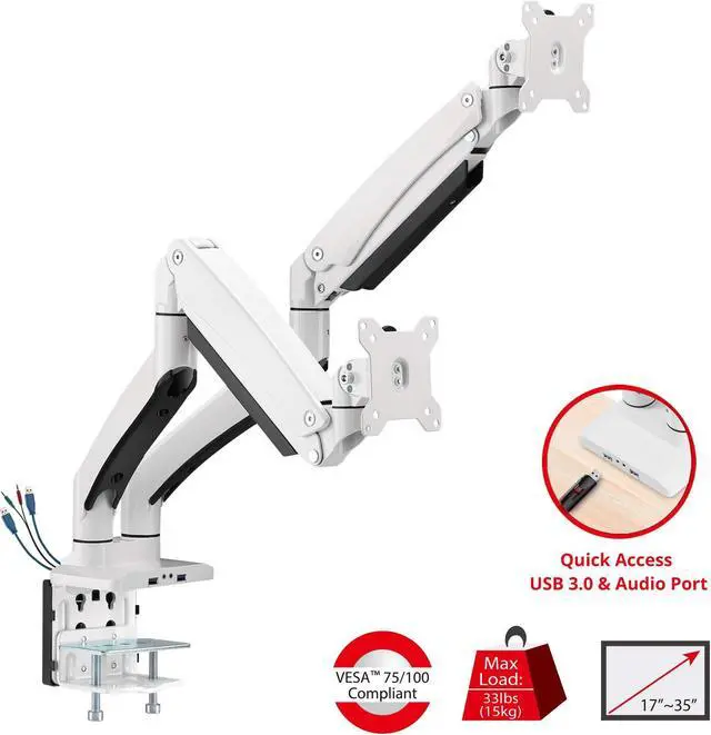 Alt view image 2 of 5 - SIIG Dual Monitor Desk Mount, 17" to 35", USB 3.0 and Audio Extend Ports, Fits Two Flat/Curved Monitors, Load Bearing 33 lbs max Each, VESA 75x75 100x100, C-Clamp and Grommet Base (CE-MT3211-S1)