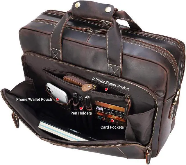 Alt view image 3 of 5 - compalo Men's Solid Thick Full Grain Leather 17.3" Laptop Briefcase Classic Messenger Bag Fit Business Travel