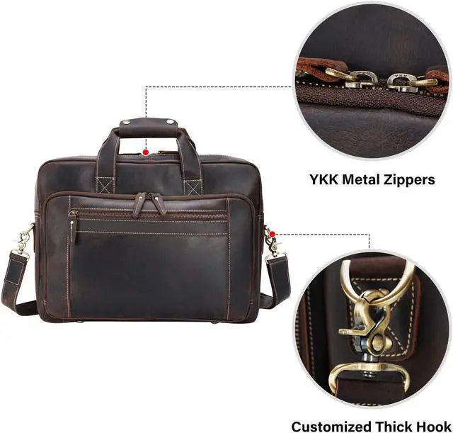 Alt view image 4 of 5 - compalo Men's Solid Thick Full Grain Leather 17.3" Laptop Briefcase Classic Messenger Bag Fit Business Travel