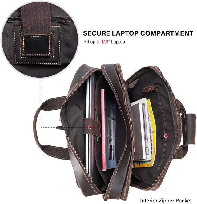 Alt view image 5 of 5 - compalo Men's Solid Thick Full Grain Leather 17.3" Laptop Briefcase Classic Messenger Bag Fit Business Travel