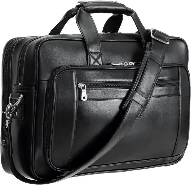 Main image of compalo Men's Solid Thick Napa Leather 17.3" Laptop Briefcase Classic Messenger Bag Fit Business Travel