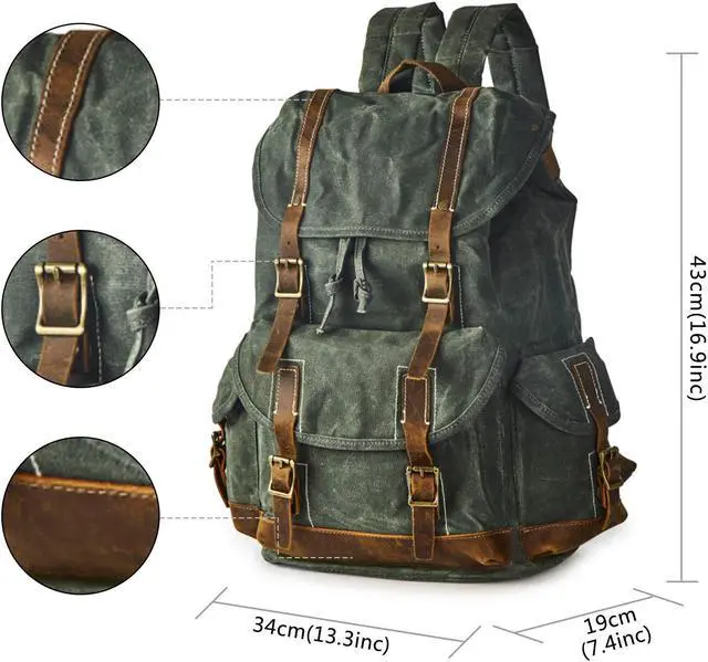 Alt view image 3 of 5 - BRASS TACKS Leathercraft Heavy Duty Waxed Canvas Vintage Backpack for Men Women Trim Casual 15.6" laptop Bookbag Travel Rucksack Shoulder Rucksack for Travel