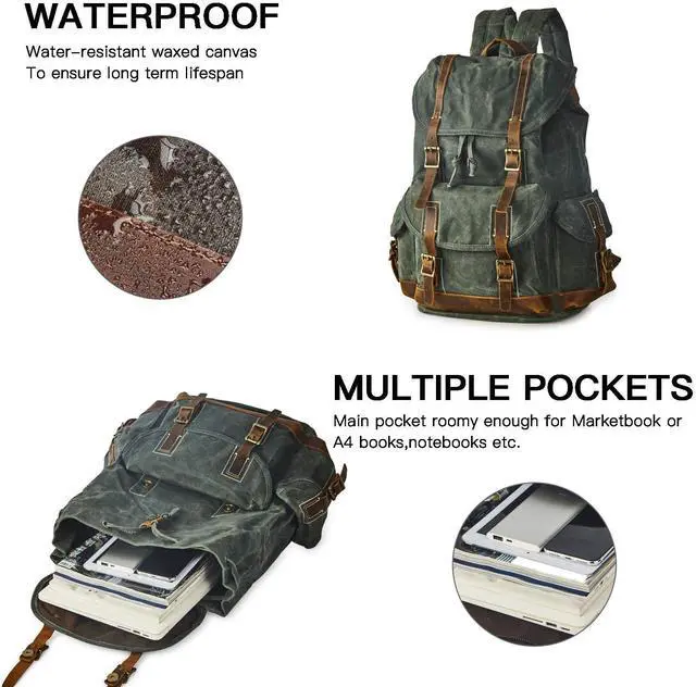 Alt view image 5 of 5 - BRASS TACKS Leathercraft Heavy Duty Waxed Canvas Vintage Backpack for Men Women Trim Casual 15.6" laptop Bookbag Travel Rucksack Shoulder Rucksack for Travel