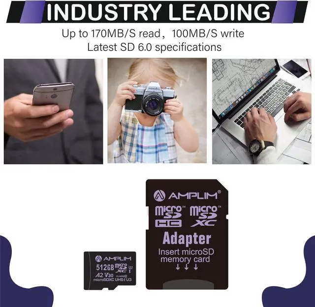 Alt view image 3 of 5 - Amplim Micro SD Card 512GB | MicroSD Memory Plus Adapter | Extreme High Speed 170MB/S A2 MicroSDXC U3 Class 10 V30 UHS-I for Nintendo, GoPro Hero, Surface, Phone, Camera Cam, Tablet