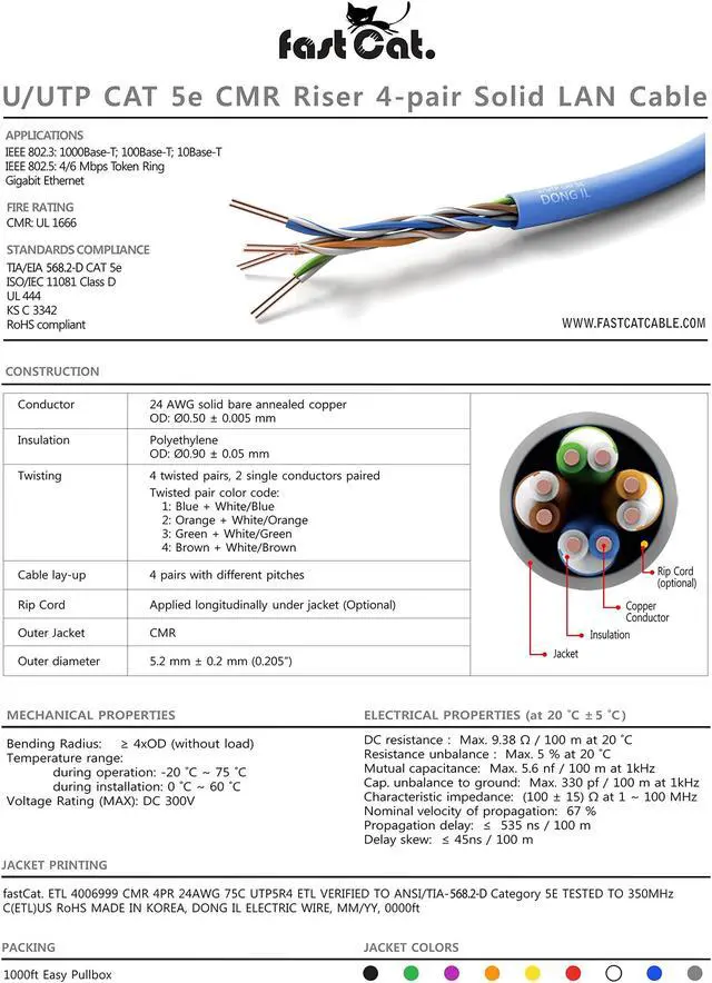 Alt view image 2 of 5 - fast Cat. Cat5e Ethernet Cable 1000ft - 24 AWG, CMR, Insulated Bare Copper Wire Cat 5 ethernet Cable with FastReel - 350MHZ / Gigabit Speed UTP Cable Cat5e - CMR (Orange)
