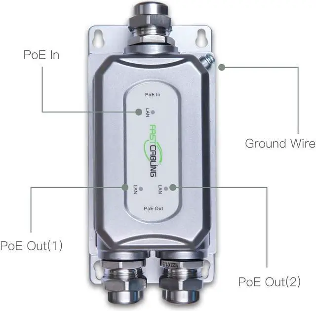 Alt view image 2 of 5 - FASTCABLING 90W Outdoor PoE Extender 2 Port, Industrial Grade, Repeat 328ft PoE for Mesh, High Power PTZ Cameras, IP67 Waterproof, Complete Metal Design