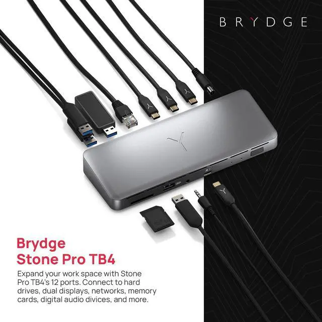 Alt view image 2 of 5 - Brydge Stone Pro TB4 Thunderbolt 4 Docking Station-12 Ports, 90 Watts Charging, Dual 4K Monitors or Single 8K Output, 40GB/s Transfer Speed Windows 10 & 11, macOS 11.0 & ChromeOS Compatible, Charcoal