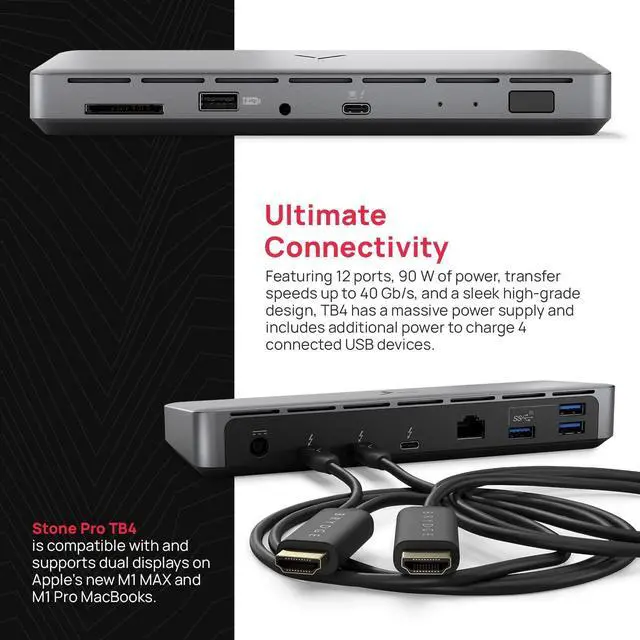 Alt view image 5 of 5 - Brydge Stone Pro TB4 Thunderbolt 4 Docking Station-12 Ports, 90 Watts Charging, Dual 4K Monitors or Single 8K Output, 40GB/s Transfer Speed Windows 10 & 11, macOS 11.0 & ChromeOS Compatible, Charcoal