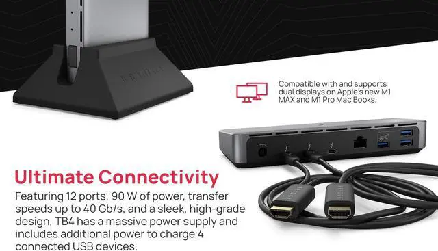 Alt view image 4 of 5 - Brydge Stone Pro TB4 Thunderbolt 4 Docking Station-12 Ports, 90 Watts Charging, Dual 4K Monitors or Single 8K Output, 40GB/s Transfer Speed Windows 10 & 11, macOS 11.0 & ChromeOS Compatible, Charcoal