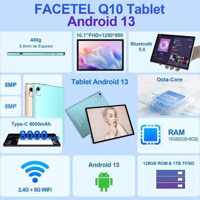 Alt view image 2 of 5 - Tablet 10 inch Android 13 Octa-Core 2.0 GHz, 2 in 1 tablet 14GB RAM 128GB ROM TF 1TB, 5+8MP Camera, 8000mAh Battery, 5G WiFi, Bluetooth 5.0, HD IPS Screen Tablet with Keyboard and Mouse, Green