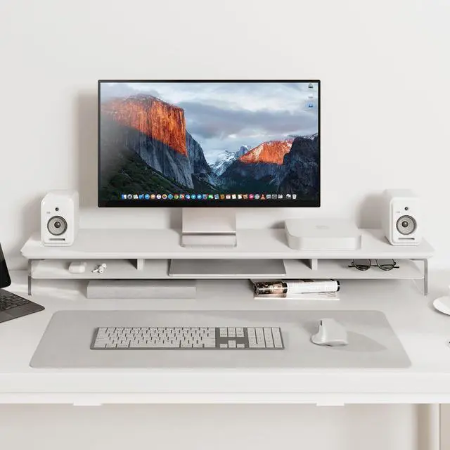 Alt view image 2 of 5 - Fenge Acrylic Monitor Stand Riser, 42.5 Inch Clear Dual Monitor Stand with Metal Storage, 2 Tier Computer Riser for Desk, Laptop, Printer, TV