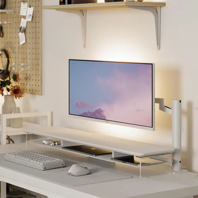 Alt view image 3 of 5 - Fenge Acrylic Monitor Stand Riser, 42.5 Inch Clear Dual Monitor Stand with Metal Storage, 2 Tier Computer Riser for Desk, Laptop, Printer, TV