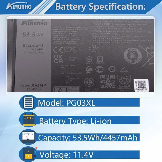 Alt view image 2 of 5 - AURUNHO XVJNP 6JRCP 06JRCP Laptop Battery Replacement for Dell Latitude 5430 7330 Rugged Extreme P148G P148G001 P149G P149G001 06JRCP M0TN3 0M0TN3 KD1CT 451-BCWQ 53.5Wh 4457mAh 11.4V