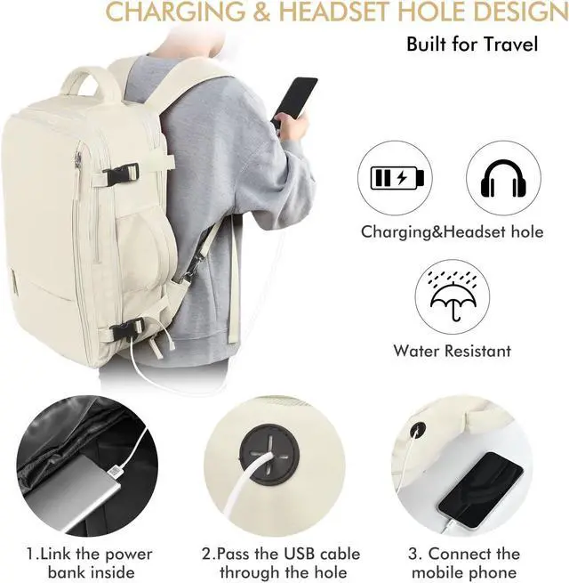Alt view image 3 of 5 - Beraliy Black & Beige Travel Backpack for Men Women, Large Carry On Backpack Airline Approved, 17 inch Laptop Backpack