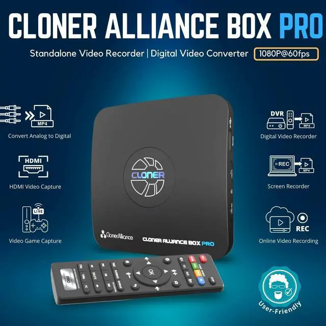 Alt view image 2 of 5 - ClonerAlliance Box Pro, 1080p@60fps Video Recorder, DVR with HDMI Capture, Playback on TV. RCA/YPbPr/VGA to Digital Converter. Schedule Recording. No PC Required.