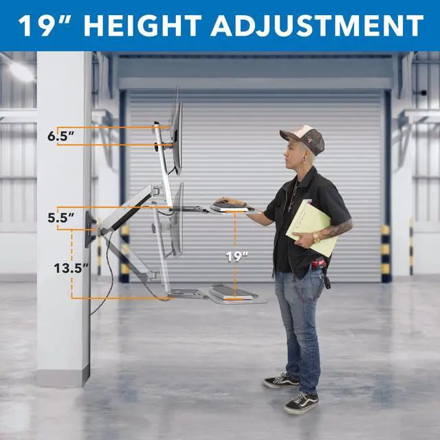 Alt view image 4 of 5 - Mount-It! Sit Stand Wall Mount Workstation | Adjustable Height Stand Up Computer Station with Articulating Monitor Mount, Keyboard Tray, & CPU Holder | VESA Mount 75x75 and 100x100 | MI-7905