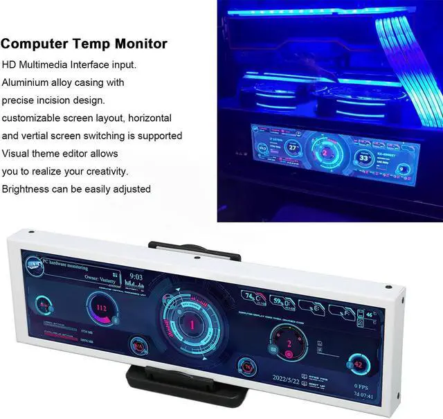 Alt view image 2 of 5 - 8.8 Inch IPS USB Mini Screen, 1920x480 for AIDA64 PC CPU HDD Data Monitor Computer Temperature Display, Mini Secondary Screen PC Temp Monitor, Chassis Screen, White