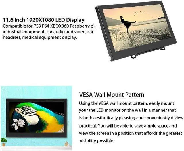 Alt view image 3 of 5 - Portable 11.6 Inch Monitor 16:9 Display 1920x1080 Full HD, 170° Widescreen Gaming Monitor with HDMI, VGA, Builtin Speakers, 3.5mm o Port, for Raspberry PS3