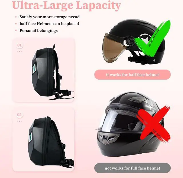 Alt view image 2 of 5 - Gelrova Knight LED Bike Backpack, Hard Shell Motorcycle Helmet Backpack for Half Face Helmet, Motorbike Laptop Rding Bag, Small Size 17inch