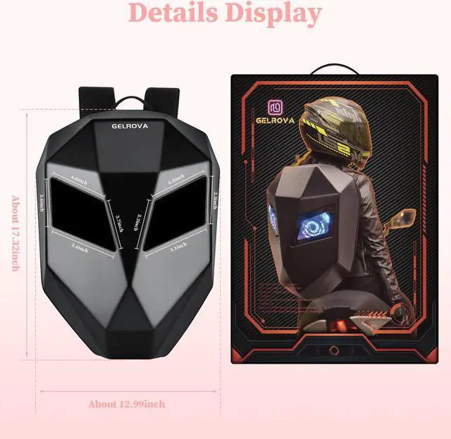 Alt view image 3 of 5 - Gelrova Knight LED Bike Backpack, Hard Shell Motorcycle Helmet Backpack for Half Face Helmet, Motorbike Laptop Rding Bag, Small Size 17inch