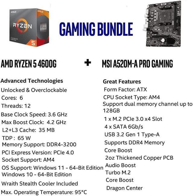 INLAND Micro Center AMD Ryzen 5 3600 6-Core 12-Thread Unlocked Desktop  Processor with Wraith Stealth Cooler Bundle with MSI A520M-A PRO Gaming  Motherboard (AMD AM4