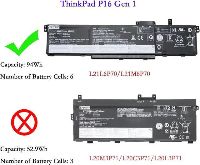 Alt view image 2 of 5 - EPYOBW L21L6P70 Laptop Battery 94Wh 8095mAh 11.55V Compatible with Lenovo ThinkPad P16 Gen 1 / ThinkPad P16 Gen 2 Series L21M6P70
