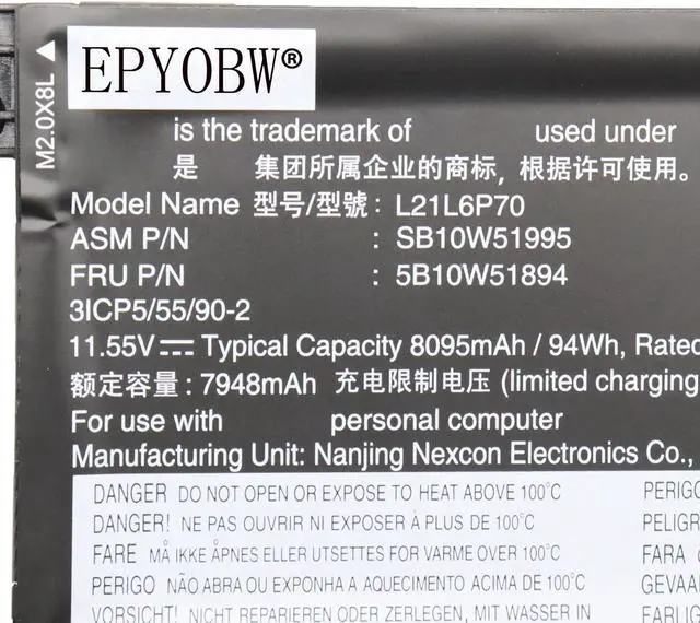 Alt view image 3 of 5 - EPYOBW L21L6P70 Laptop Battery 94Wh 8095mAh 11.55V Compatible with Lenovo ThinkPad P16 Gen 1 / ThinkPad P16 Gen 2 Series L21M6P70
